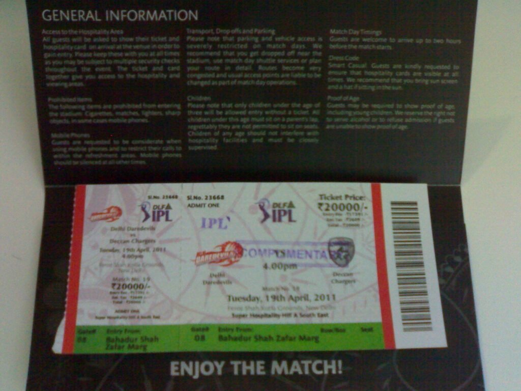 Complimentary Tickets to the IPL match at Kotla